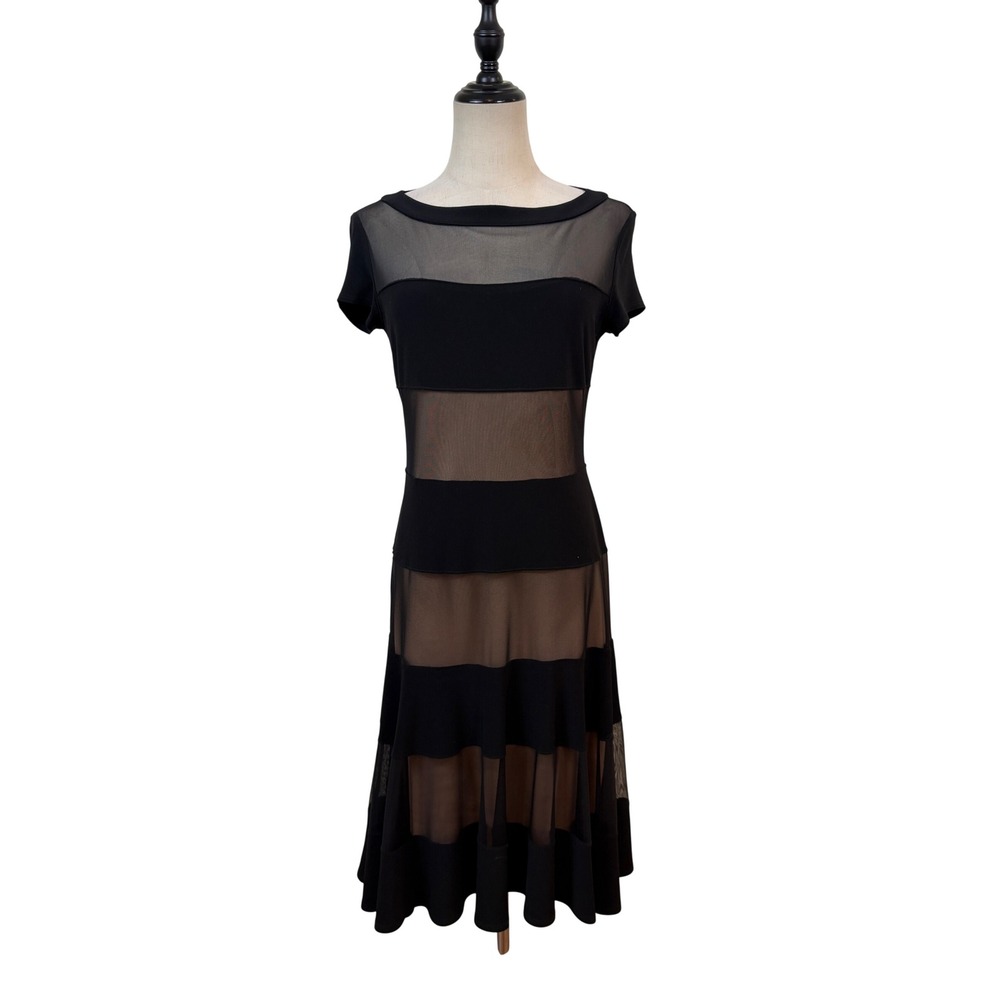 Joseph Ribkoff Black Sheer Mesh Striped Panel Midi Dress Short Sleeve Size 8